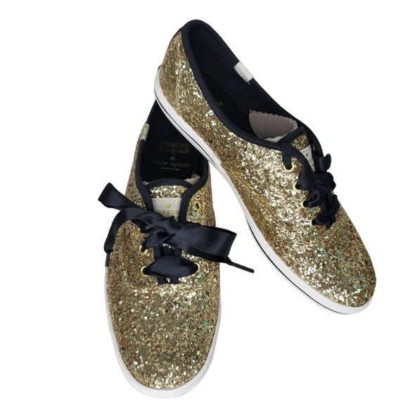 Kate Spade New York keds NIB Women's Gold Glitter Sneakers Sz 6.5M ribbon Laces - Picture 13 of 14